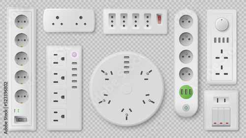 Power strip. Realistic electric elements. 3D white plastic sockets. Triple cable connectors. Switch devices. USB ports. Round and square shape. Electricity energy. Decent vector set