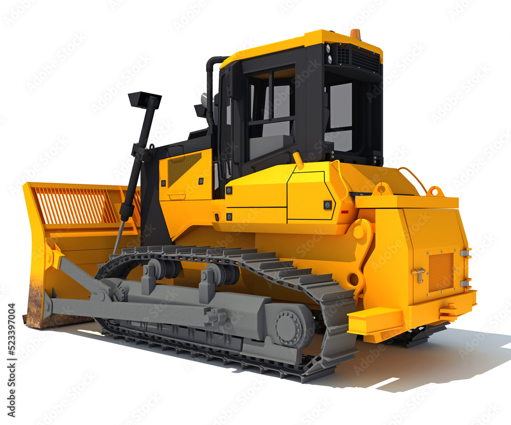 Fototapeta premium Tracked Dozer heavy construction machinery 3D rendering on white background