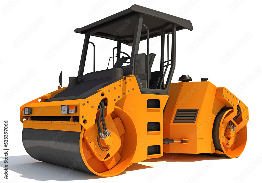 Asphalt Road Roller heavy construction machinery 3D rendering on white background Asphalt Road Roller heavy construction machinery 3D rendering on white background