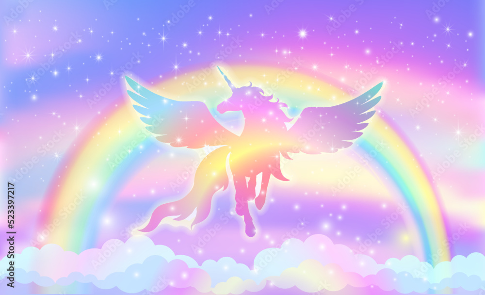 Rainbow background with winged unicorn silhouette with stars. Stock ...