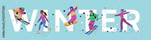 Winter sport. People extreme speed activities. Sportsmen skiing and snowboarding. Ice and snow skating. Funny athletes. Cold season. Panorama poster with lettering. Garish vector concept