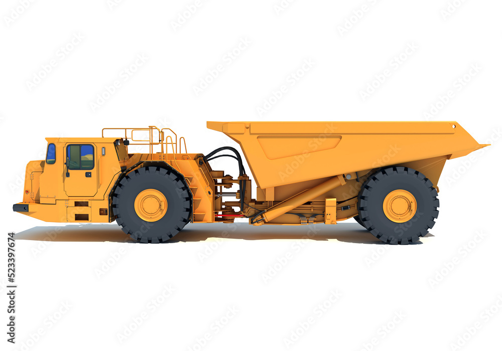 Underground Articulated Mining Truck 3D rendering on white background Underground Articulated Mining Truck 3D rendering on white background