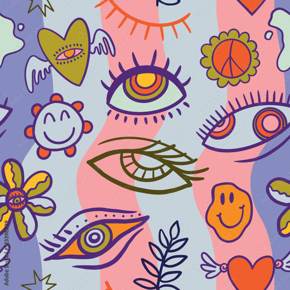 teenage seamless 70s retro eyes pattern hippie