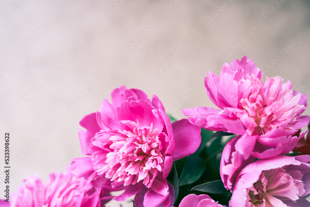 Part of a bouquet of beautiful flowers in close-up with space to copy. A beautiful bouquet of bright pink peonies. Wallpaper, greeting card, poster, flower shop concept. High quality photo