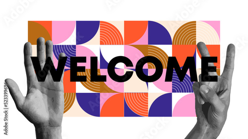 Greeting card, banner for site, poster and sticker concept with text Welcome on colorful background. Banner Welcome to store or shop. 
