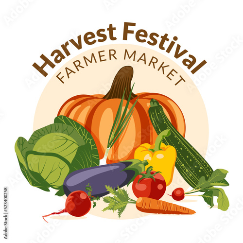 Autumn farmers market banner with vegetables: pumpkins, eggplants, zucchini, tomatoes, beets and other elements. Local food festival design. Agricultural fair. Harvest season. Flat vector.