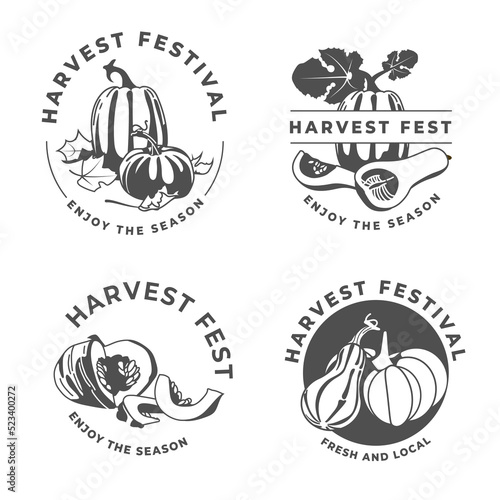 Set of autumn harvest festival pumpkin badges and labels  postcards decorative design elements. Black and white line clean style. Flat vector.