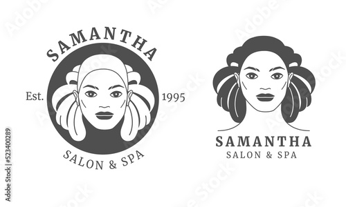 A set of logos with a woman's face and floral and decorative elements. Minimal linear style. Art Nouveau style. Vector emblem and icon for beauty salon, spa, fashion store, cosmetic brand. .