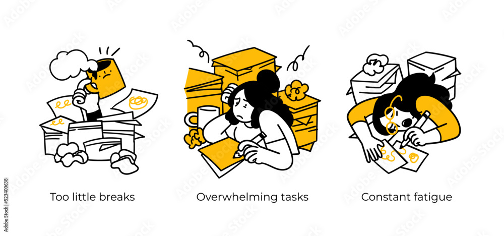 Productive Workflow Organization - abstract business concept illustrations. Too little breaks, Overwhelming tasks, Constant fatigue. Visual stories collection