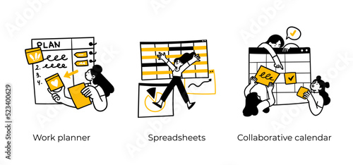 Productive Workflow Organization - abstract business concept illustrations. Work planner, Spreadsheets, Collaborative calendar. Visual stories collection