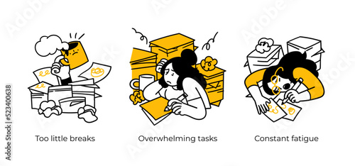 Productive Workflow Organization - abstract business concept illustrations. Too little breaks, Overwhelming tasks, Constant fatigue. Visual stories collection