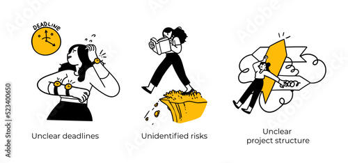 Productive Workflow Organization - abstract business concept illustrations. Unclear deadlines, Undentified risks, Unclear project structure. Visual stories collection