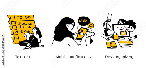 Productive Workflow Organization - abstract business concept illustrations. To-do lists, Mobile notifications, Desk organizing. Visual stories collection