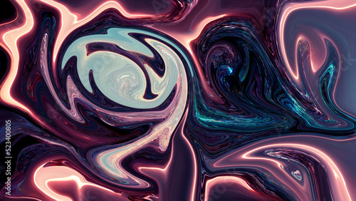 Abstract liquid texture  black and blue with meandering neon color.