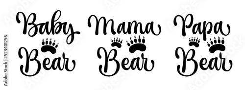 Set of vector lettering phrases for bear themed family look events. Papa Bear, Mama Bear, Baby Bear - calligraphy inscriptions.