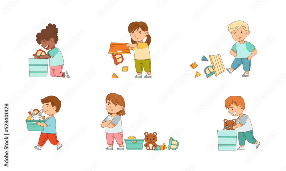 Happy and Grumpy Kids with Toys Playing and Grizzling Vector Set Happy and Grumpy Kids with Toys Playing and Grizzling Vector Set