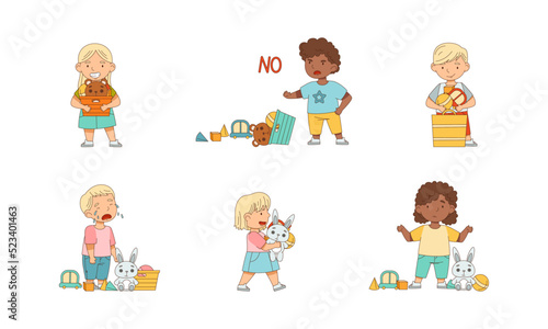 Happy and Grumpy Kids with Toys Playing and Grizzling Vector Set