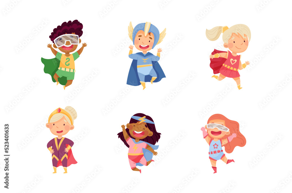 Kids Wearing Costumes of Superhero Pretending Having Powers for Fighting Crime Vector Set Kids Wearing Costumes of Superhero Pretending Having Powers for Fighting Crime Vector Set