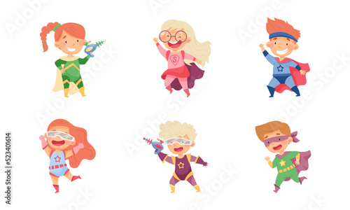 Kids Wearing Costumes of Superhero Pretending Having Powers for Fighting Crime Vector Set