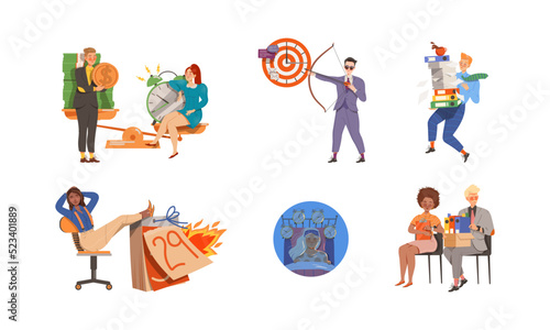Time Management with People Characters Multitasking and Organizing their Time Vector Illustration Set
