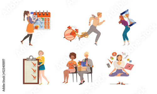 Time Management with People Characters Multitasking and Organizing their Time Vector Illustration Set