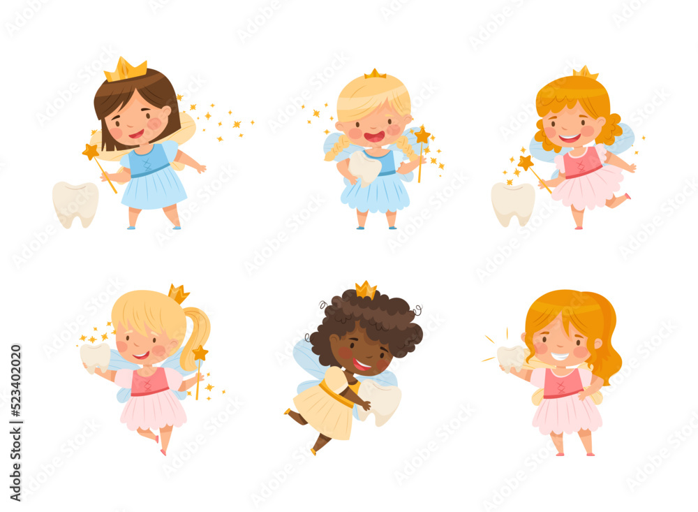Cute Little Tooth Fairy with Baby Teeth and Wand Vector Set