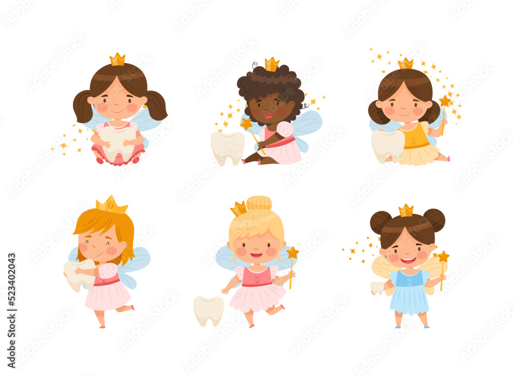 Cute Little Tooth Fairy with Baby Teeth and Wand Vector Set Cute Little Tooth Fairy with Baby Teeth and Wand Vector Set