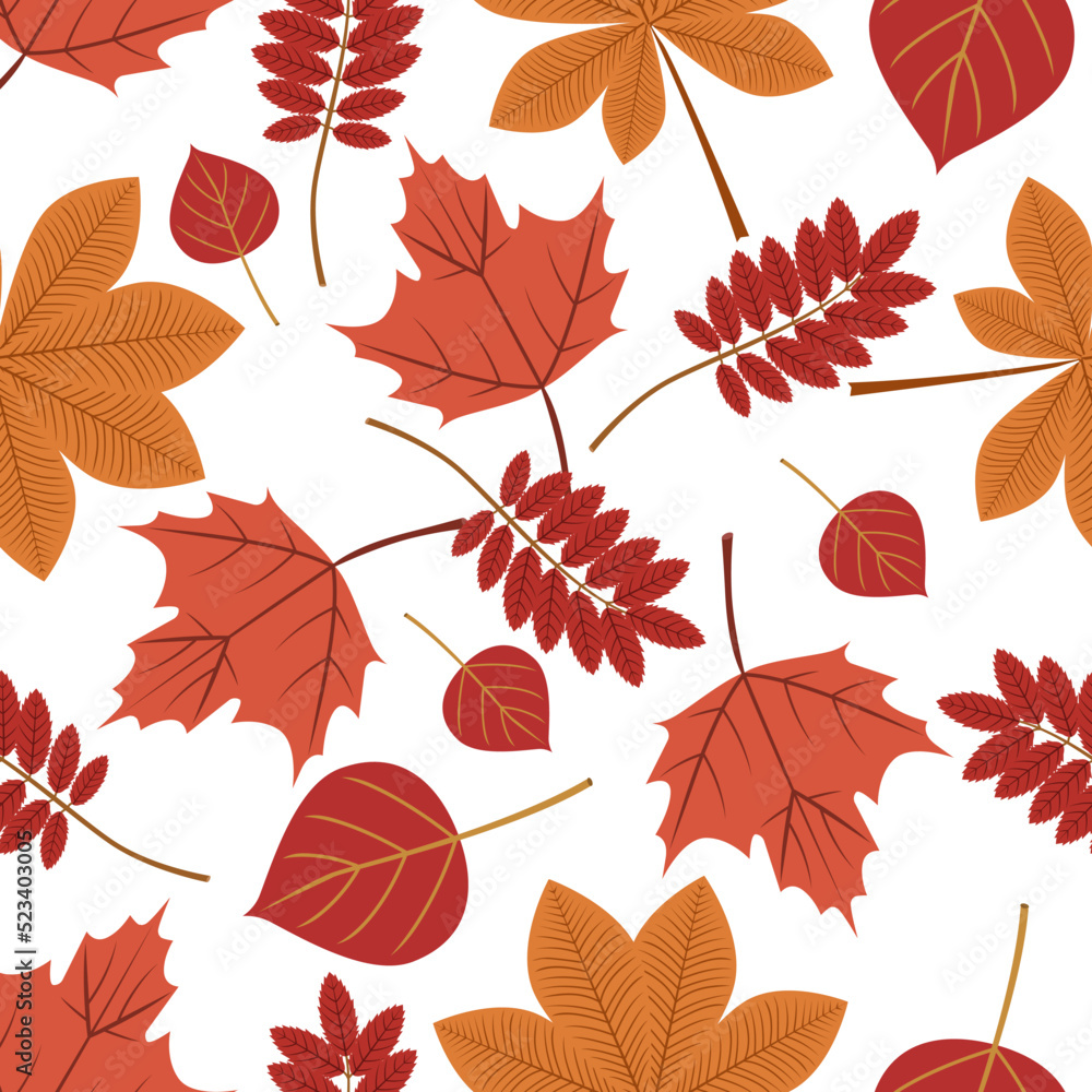 Obraz premium Autumn seamless pattern in burgundy tones, leaves of chestnut, rowan, maple trees.poplars on a white background.Vector pattern can be used in textiles,paper, autumn supermarket designs.