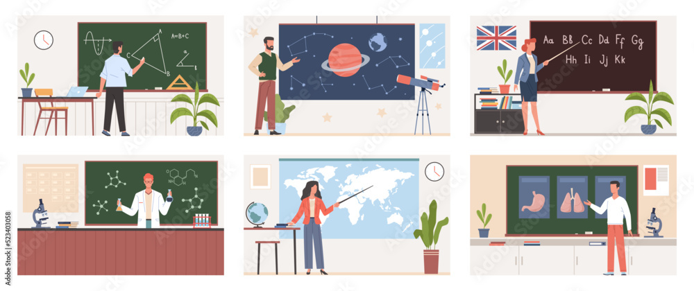 Different school teachers. Professional lecturers characters, physicist and biologist, geographer and astronomer teach lessons, mathematics and languages nowaday vector cartoon flat set