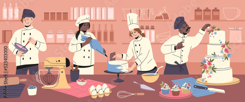 Confectioner characters. Cakes and pastries making process, funny chefs decorate sweets, professional cookers work, men and women in aprons on kitchen, tidy vector cartoon flat concept