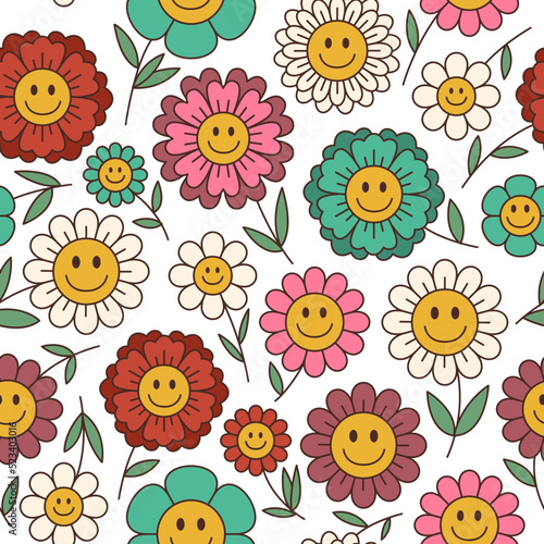 Daisy flower seamless pattern. Retro positive smiling faces, hippie chamomile characters, cartoon groovy plants. Decor textile, wrapping paper, wallpaper design. Tidy vector background