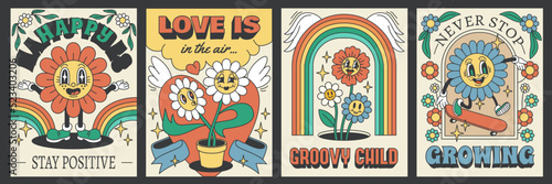Groovy daisy flower posters. Psychedelic chamomiles with phrases, retro style faces, 70s hippie cards collection, rainbows and botanical elements, vintage print, tidy vector set
