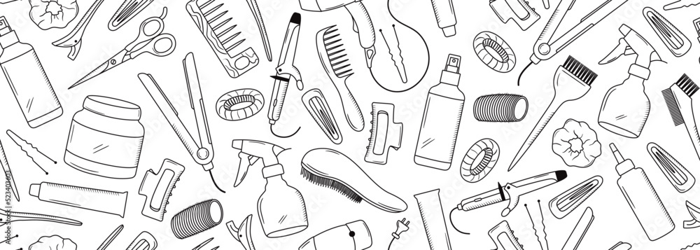 Fototapeta Seamless vector banner with outline hairdresser tools. Hand drawn barber equipment background. Hair dryer, curling and flat iron, scissors, comb, brush in freehand style. Beauty objects
