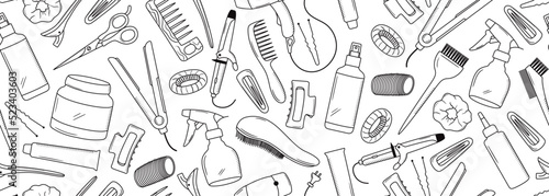 Seamless vector banner with outline hairdresser tools. Hand drawn barber equipment background. Hair dryer, curling and flat iron, scissors, comb, brush in freehand style. Beauty objects