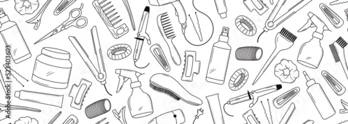 Obraz Seamless vector banner with outline hairdresser tools. Hand drawn barber equipment background. Hair dryer, curling and flat iron, scissors, comb, brush in freehand style. Beauty objects