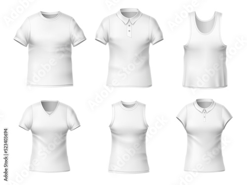 Realistic blank t-shirts. Clear white textile clothes mockup, male and female empty templates front view, different types collars and sleeves, round and triangular cutouts, utter vector set