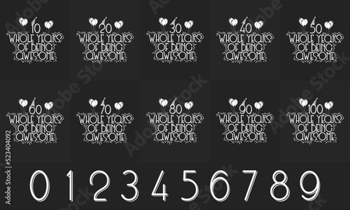 Happy Birthday Celebration typography design bundle. 10th, 20th, 30th, 40th, 50th, 60th, 70th, 80th, 90th, 100th Birthday design bundle