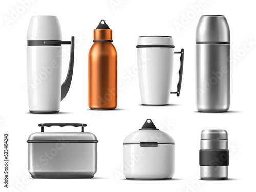 Realistic thermos. Isolated 3d thermo mugs, bottles and food box, plastic and metallic flasks, long lasting warm drinks, sport and travel blank package for hot beverages. utter vector set