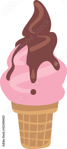 Soft ice cream swirl with chocolate drippingin waffle