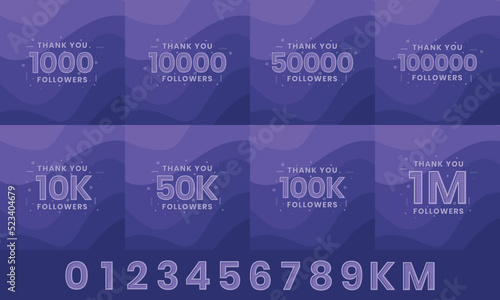Thank you Followers Greeting card bundle. Thank you 1000, 1k, 10000, 10k, 50k, 1M Followers celebration social media bundle design.