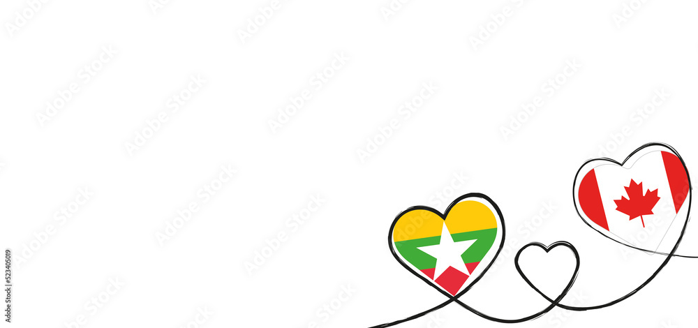 Drei verbundene Herzen mit der Flagge von Kanada und Myanmar Drei verbundene Herzen mit der Flagge von Kanada und Myanmar