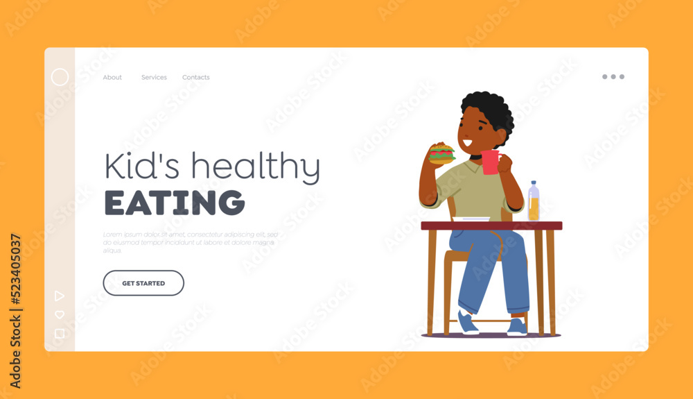 Kids Healthy Eating Landing Page Template. Little African Boy Eating Burger and Drink Tea. Kid Eat Fastfood at Table