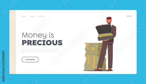 Money is Precious Landing Page Template. Happy Male Character Presenting Open Suitcase with Dollar Stack inside