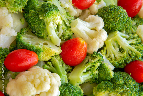 Closeup of broccoli and tomato salad platter