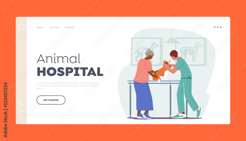 Animal Hospital, Health Care Landing Page Template. Old Woman Owner at Appointment In Veterinary Clinic with Doctor