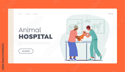 Animal Hospital, Health Care Landing Page Template. Old Woman Owner at Appointment In Veterinary Clinic with Doctor