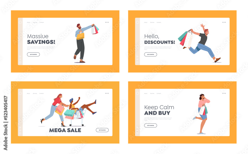 Store Sale Landing Page Template Set. People Run for Shopping. Excited Male and Female Characters Hurry to Buy Things
