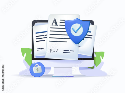 3D Contracts illustration. Signing legal document, electronic contract or agreement online 3D vector. People reading