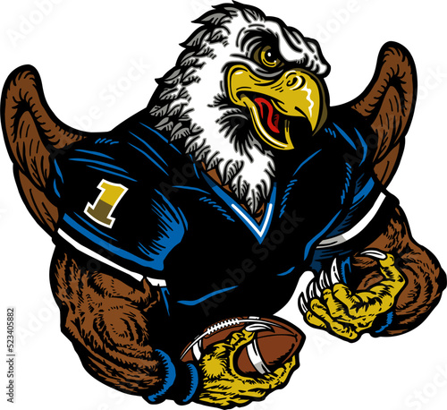 eagle mascot holding football for school, college or league