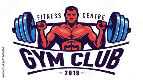 Gym club, Bodybuilding logo or sports emblem. Muscular athletic man with barbell. Fitness badge vector illustration